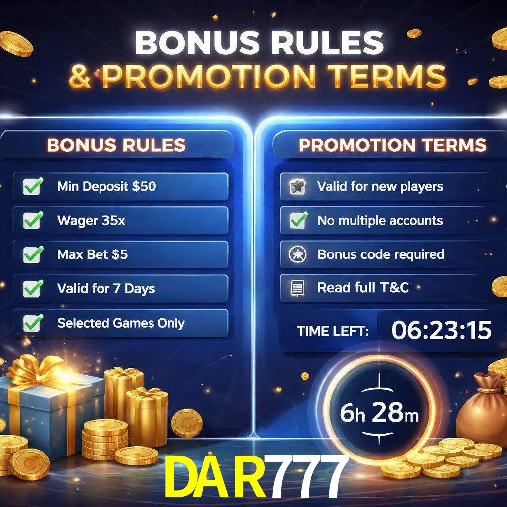 Reglas de promoción DAR777 y condiciones de bonos explicadas visualmente