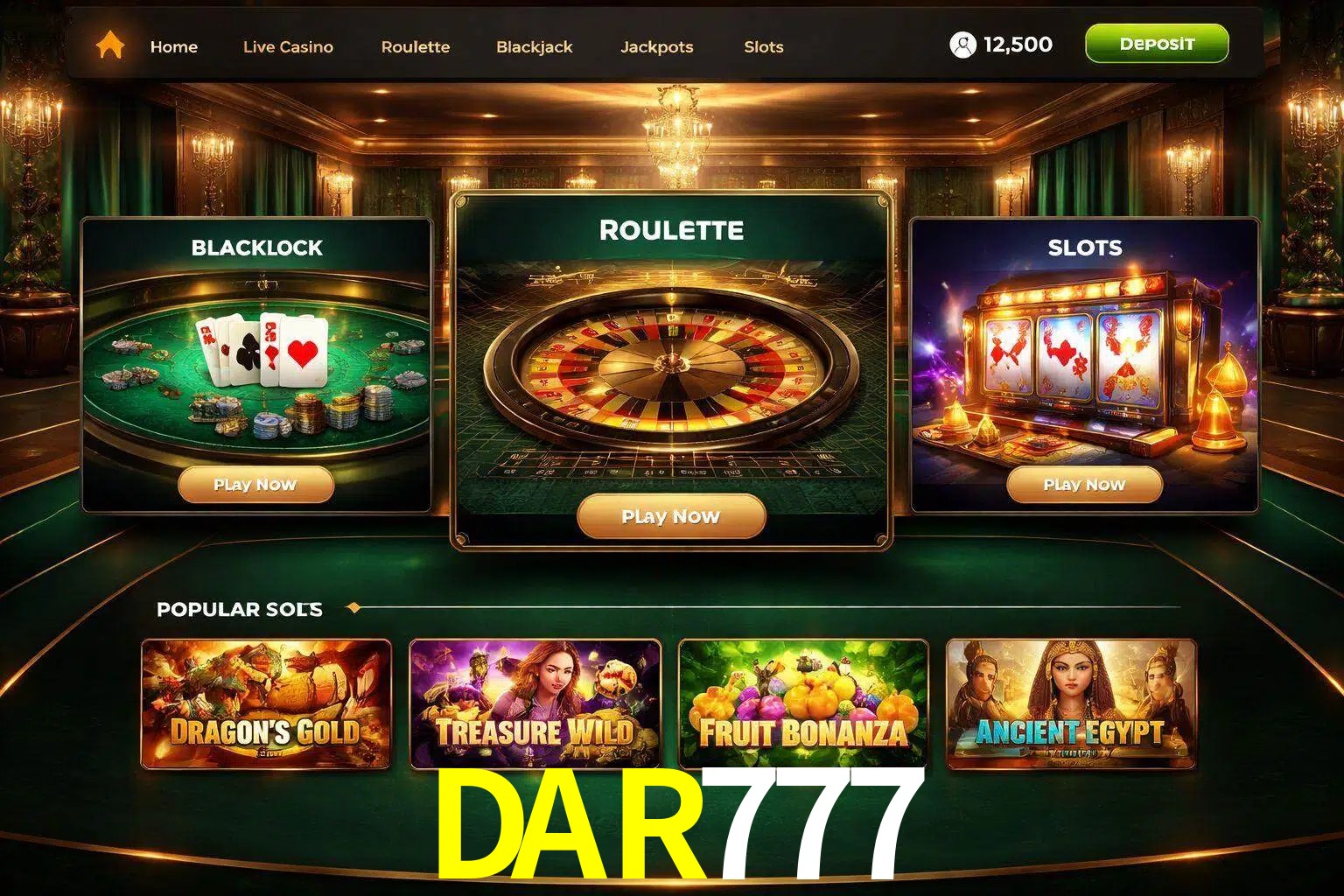 Vista de la plataforma DAR777 Casino mostrando categorías organizadas de juegos en línea